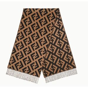Fendi Zucca FF Logo Scarf Brown Black Cashmere Silk Blend Fringe Trim 65x25